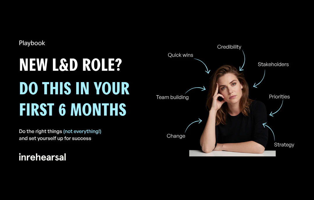 A frustrated woman at a desk surrounded by text highlighting key challenges for someone in a new L&D role.