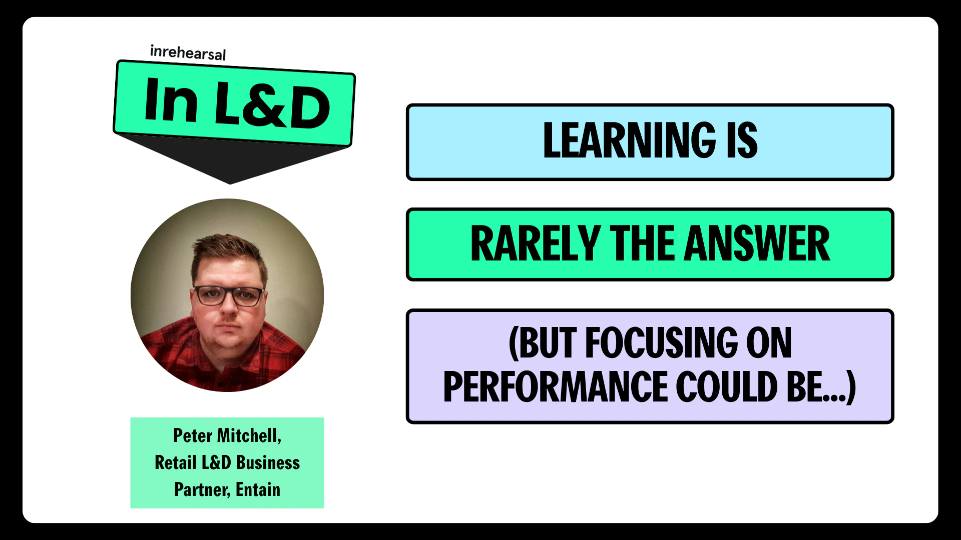 Podcast Thumbnail with Peter Mitchell's Headshot and showing the episode title: In L&D, Learning Is Rarely The Answer